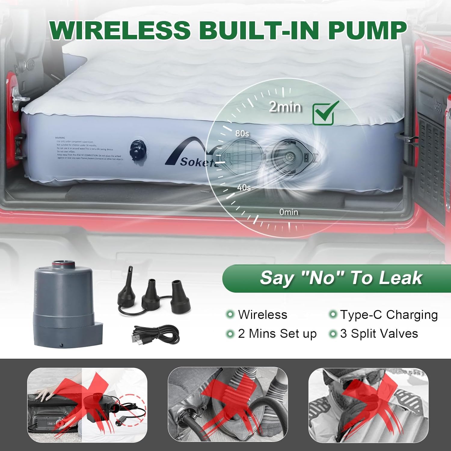 SUV Air Mattress with One-Click Charging Wireless Air Pump, Detachable Pillow, 10inch Air Mattress for Jeep Wrangler JK JKU JL JLU Unlimited 4 Door, Heavy Duty, Car Camping, Patent Pending