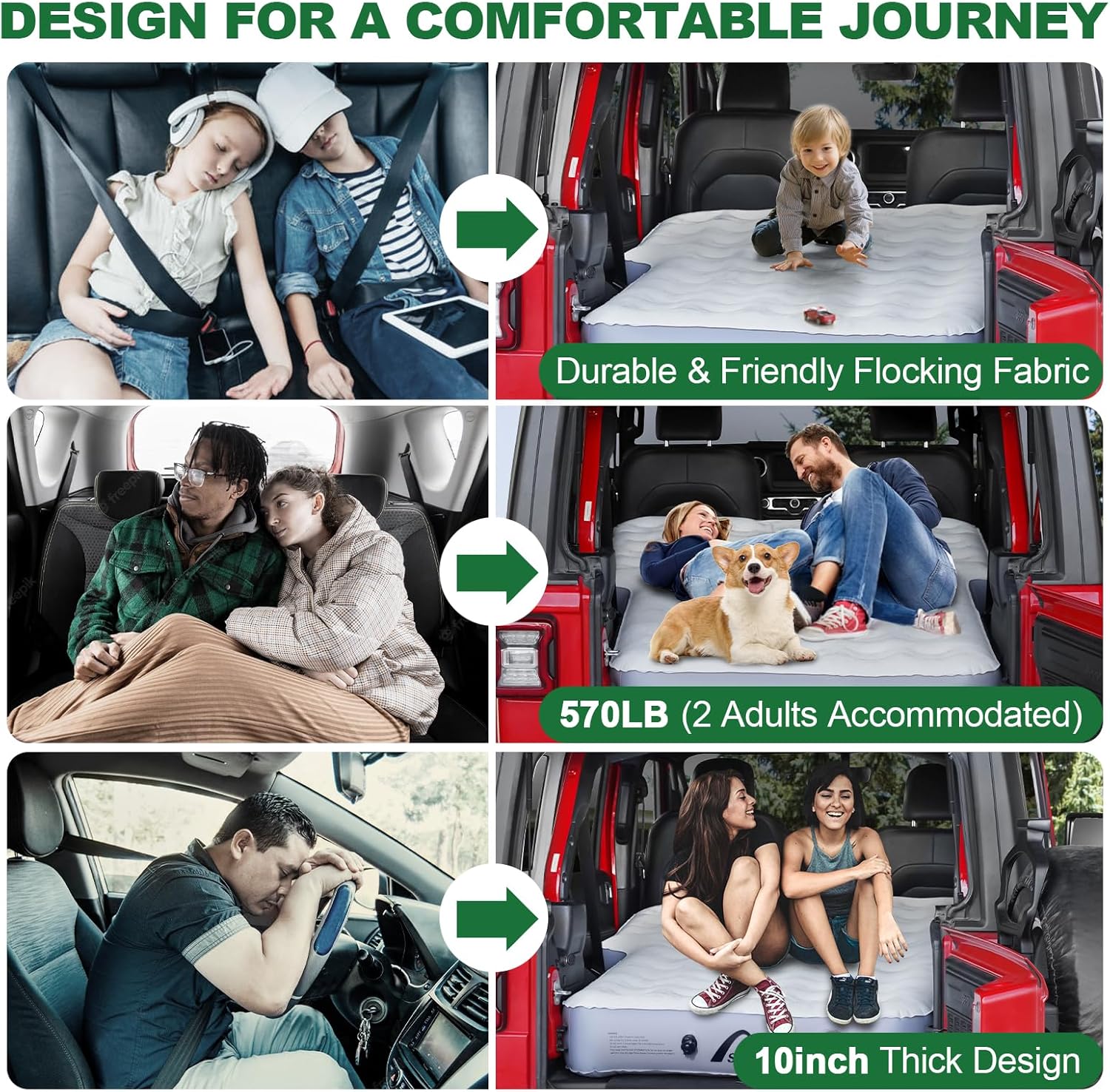 SUV Air Mattress with One-Click Charging Wireless Air Pump, Detachable Pillow, 10inch Air Mattress for Jeep Wrangler JK JKU JL JLU Unlimited 4 Door, Heavy Duty, Car Camping, Patent Pending