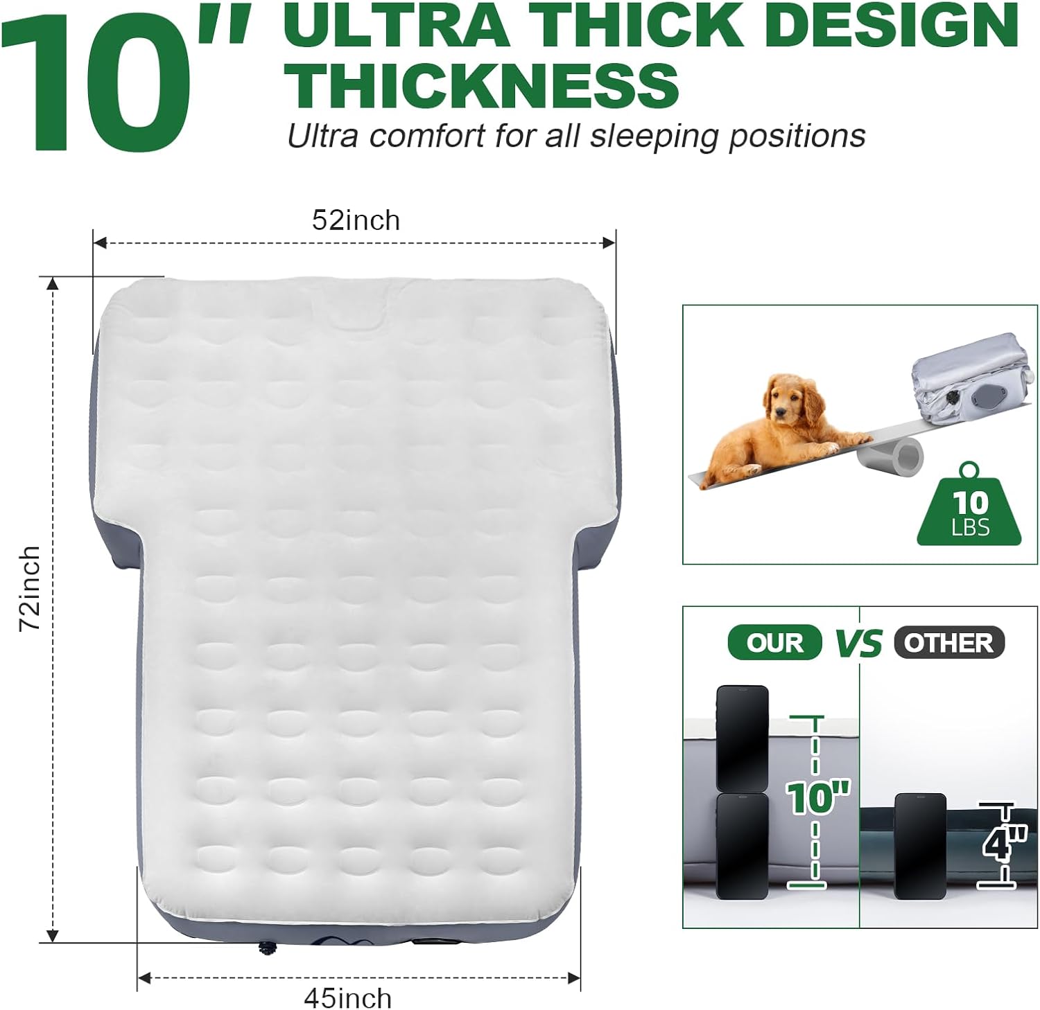 SUV Air Mattress with One-Click Charging Wireless Air Pump, Detachable Pillow, 10inch Air Mattress for Jeep Wrangler JK JKU JL JLU Unlimited 4 Door, Heavy Duty, Car Camping, Patent Pending