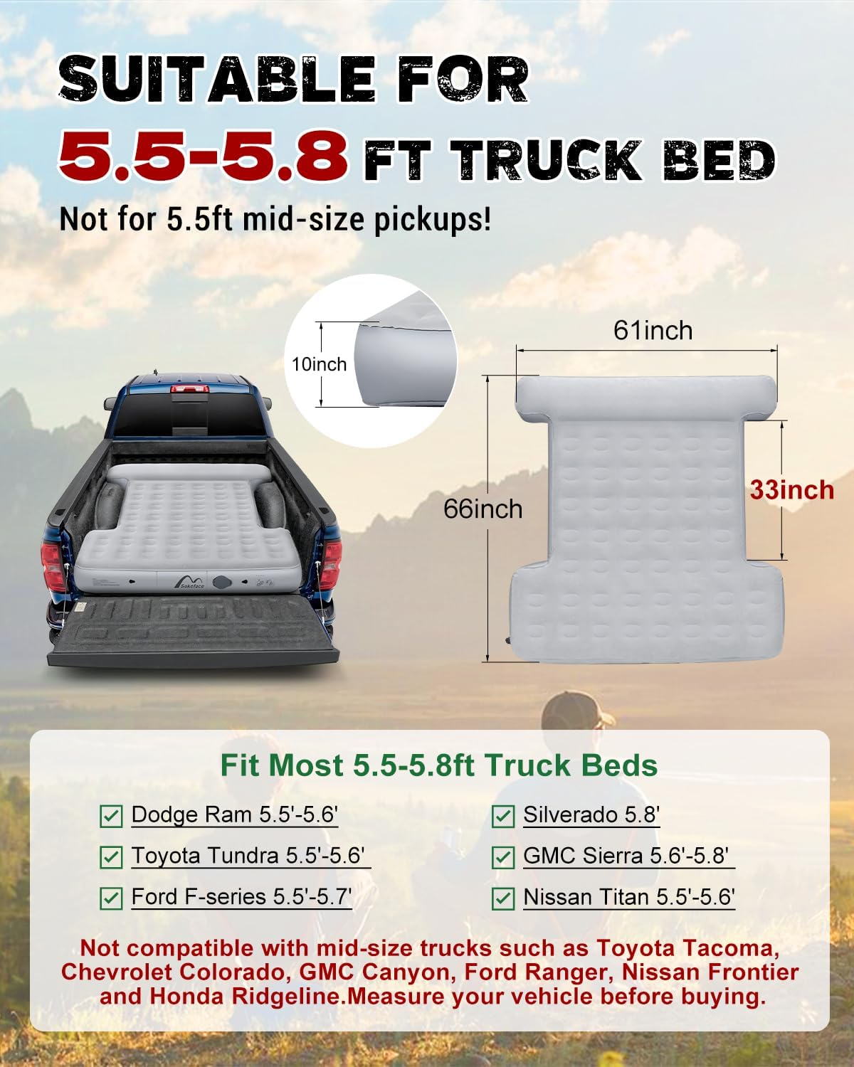 Truck Air Mattress for 5.5-5.8ft Short Truck, Truck Bed Air Mattress Full Size, Wireless Rechargeable Pump, Effortless Setup, with Ultra Carry Bag, for Truck Camping