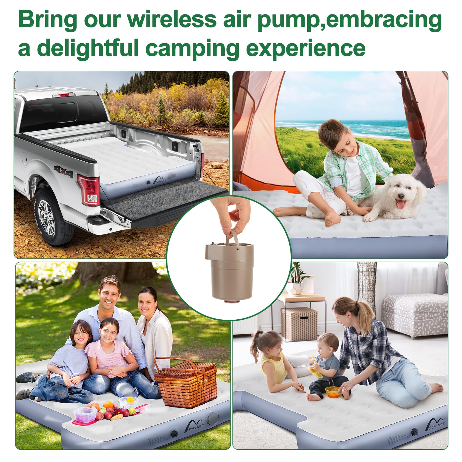 Sokeface Truck Bed Air Mattress for Full Size 6‘-6’5 Short beds - Inflatable Truck Bed Mattresses for Short Truck Beds with Wireless Rechargeable Pump