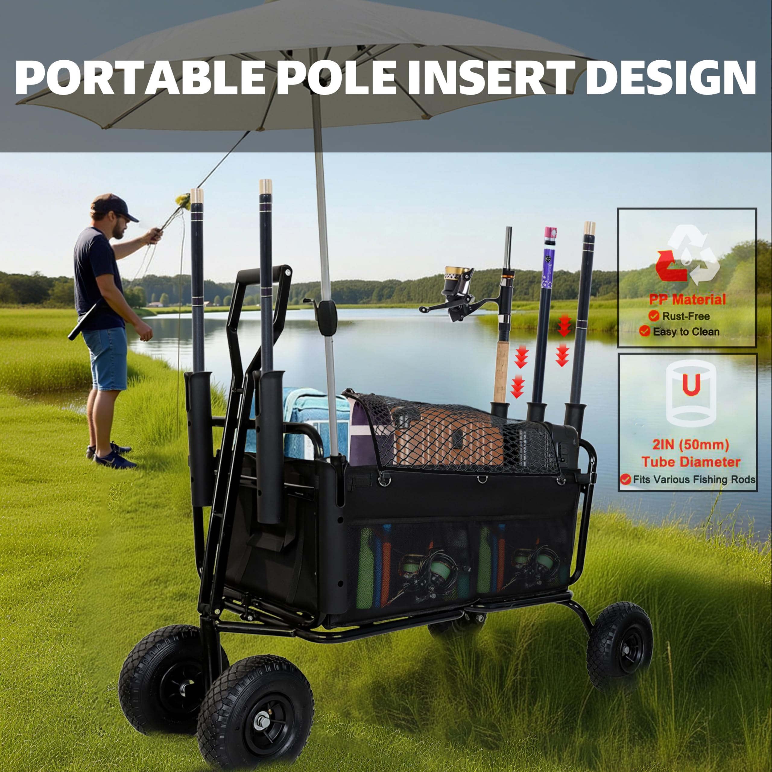 Foldable Fishing Cart Wagon with Rod Holders - detail view