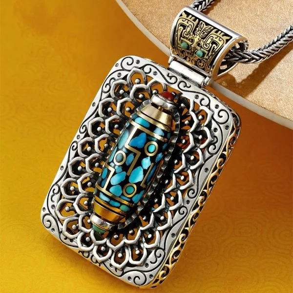 Sterling Silver Turquoise Rotatable Nine-Eyed Dzi Bead Taotie Pendant Necklace