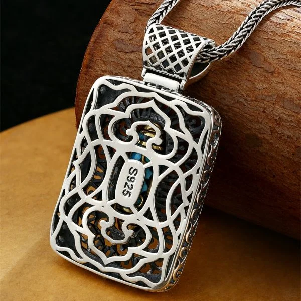 Sterling Silver Turquoise Rotatable Nine-Eyed Dzi Bead Taotie Pendant Necklace