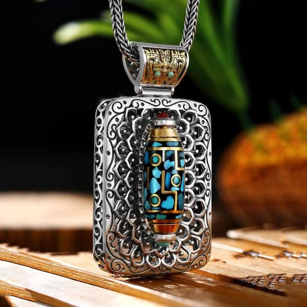 Sterling Silver Turquoise Rotatable Nine-Eyed Dzi Bead Taotie Pendant Necklace