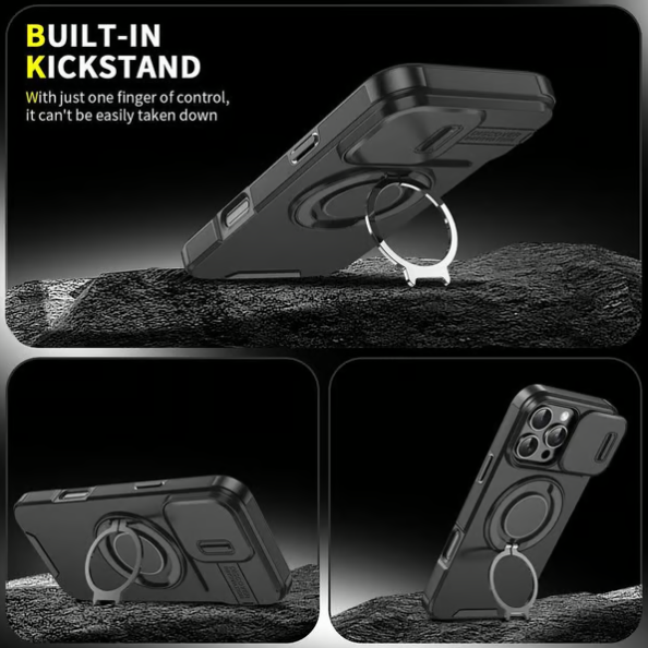 Θήκη με συρόμενο κάλυμμα κάμερας και περιστρεφόμενο δακτύλιο στήριξης, στρατιωτικής ποιότητας, αντικραδασμική προστατευτική θήκη για iPhone σειράς 11/12/13/14/15/16/17