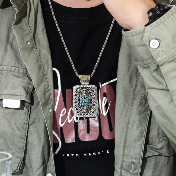 Sterling Silver Turquoise Rotatable Nine-Eyed Dzi Bead Taotie Pendant Necklace