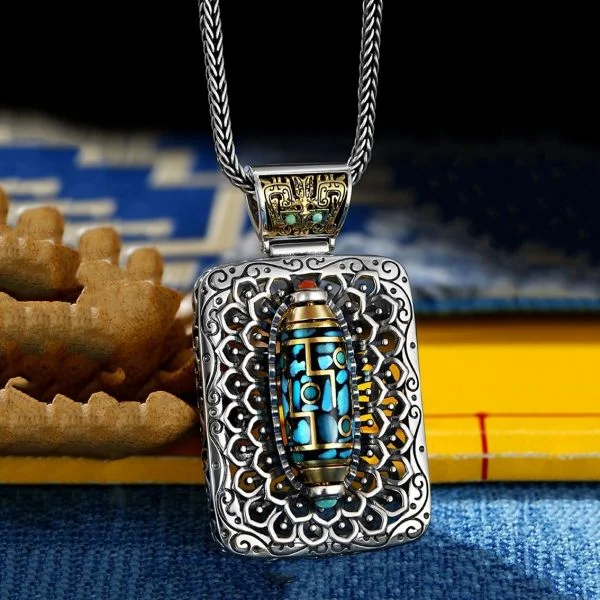 Sterling Silver Turquoise Rotatable Nine-Eyed Dzi Bead Taotie Pendant Necklace