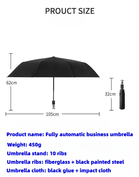 VIP Business αναδιπλούμενη λαστιχένια ομπρέλα με δέκα κόκκαλα, μαύρη