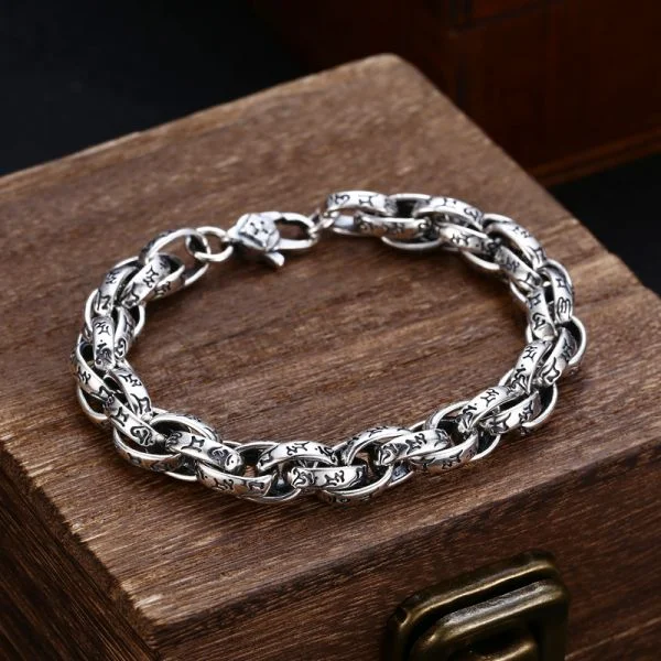 Sterling Silver Six Character Truth Vajra Pestle Amulet Bracelet