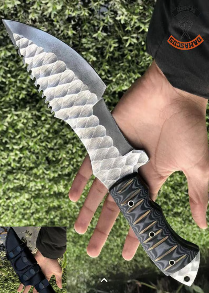 Χειροποίητο μαχαίρι από ατσάλι Δαμασκού: Λαβή G10, δερμάτινη θήκη