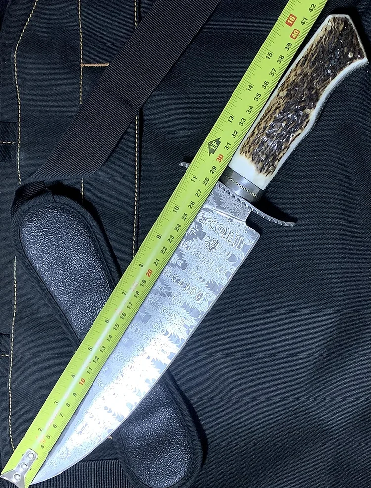 🔥 Χειροποίητο μαχαίρι Bowie από ατσάλι Δαμασκού (με δερμάτινη θήκη)