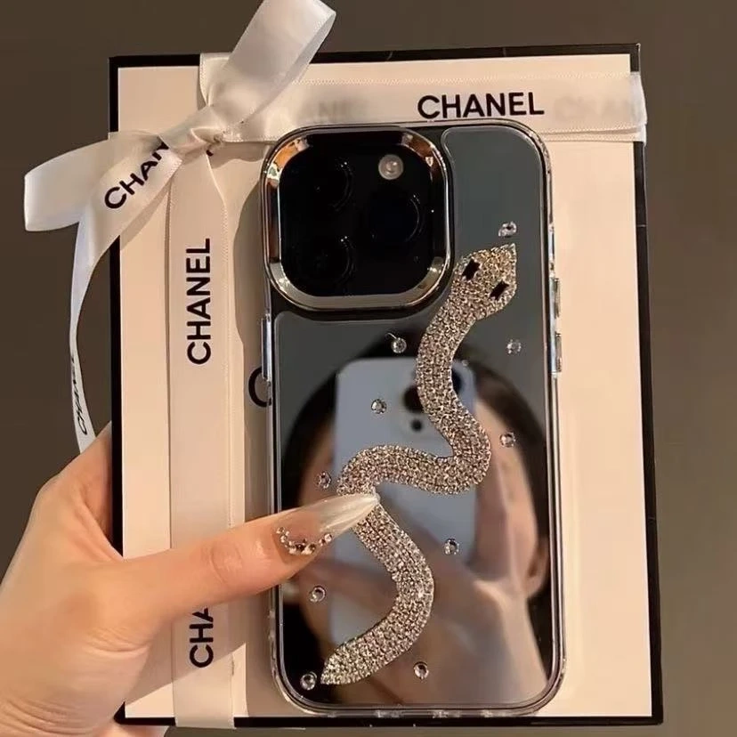 Флаш диамантена змия, подходяща за огледален калъф за телефон iPhone16, висок клас Apple 11/12/13/14/15promax