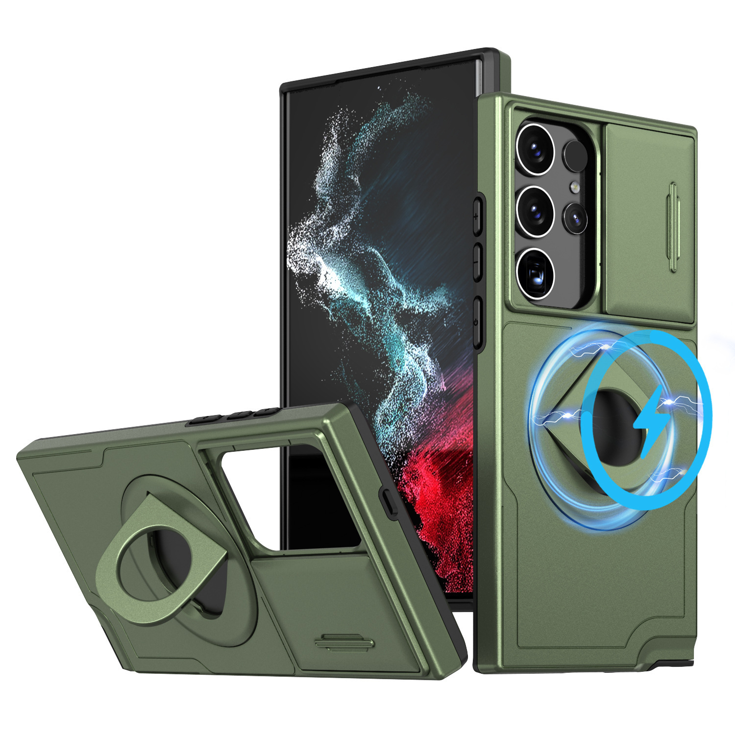 Samsung Magsafe Series |. Сгъваем магнитен метален защитен калъф, плъзгащ се пръстен за прозорец 2 в 1, въртяща се стойка, поддържа безжично зареждане.