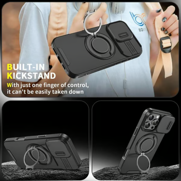 Калъф с плъзгащ се капак за камерата и въртяща се пръстеновидна стойка, удароустойчив защитен калъф с военно качество за iPhone серия 11/12/13/14/15/16/17