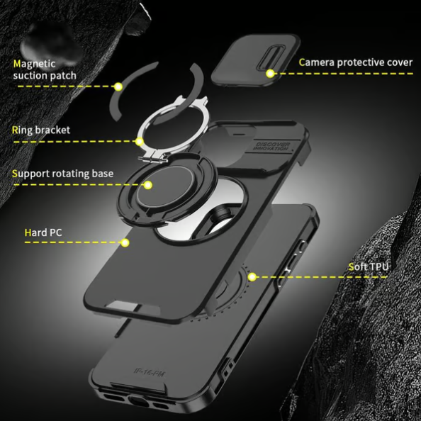 Калъф с плъзгащ се капак за камерата и въртяща се пръстеновидна стойка, удароустойчив защитен калъф с военно качество за iPhone серия 11/12/13/14/15/16/17