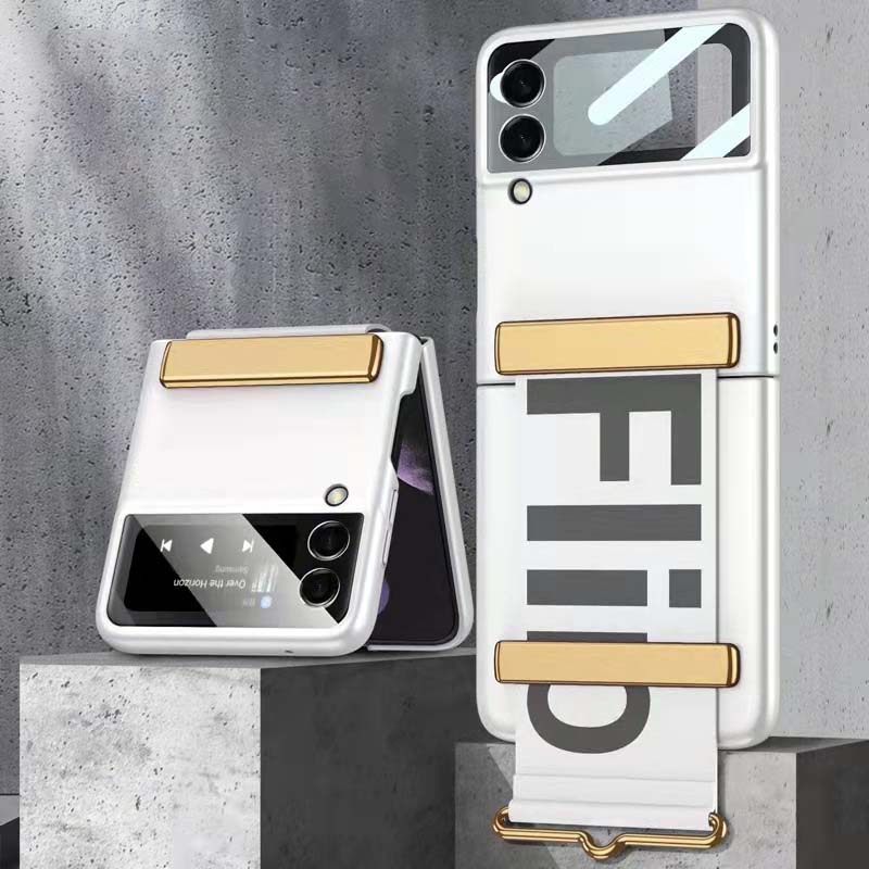 Ултра тънък сгъваем защитен калъф против падане със стойка за лента за ръка с букви за Galaxy Z Flip 3/Galaxy Z Flip 4/Galaxy Z Flip 5/Galaxy Z Flip 6