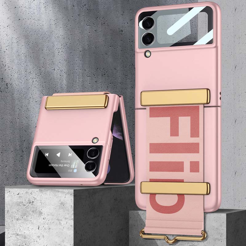 Ултра тънък сгъваем защитен калъф против падане със стойка за лента за ръка с букви за Galaxy Z Flip 3/Galaxy Z Flip 4/Galaxy Z Flip 5/Galaxy Z Flip 6