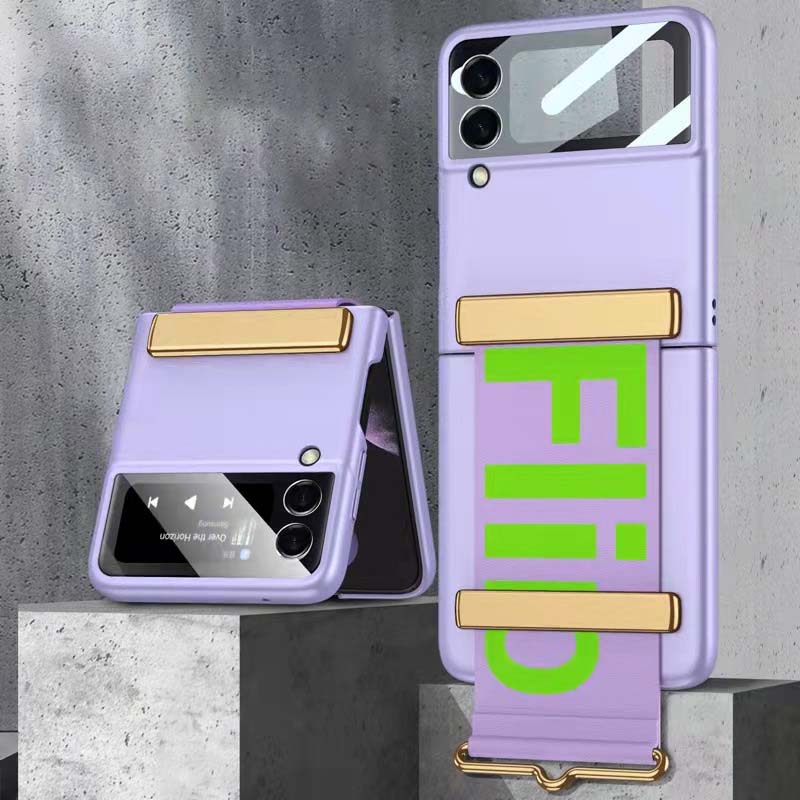 Ултра тънък сгъваем защитен калъф против падане със стойка за лента за ръка с букви за Galaxy Z Flip 3/Galaxy Z Flip 4/Galaxy Z Flip 5/Galaxy Z Flip 6