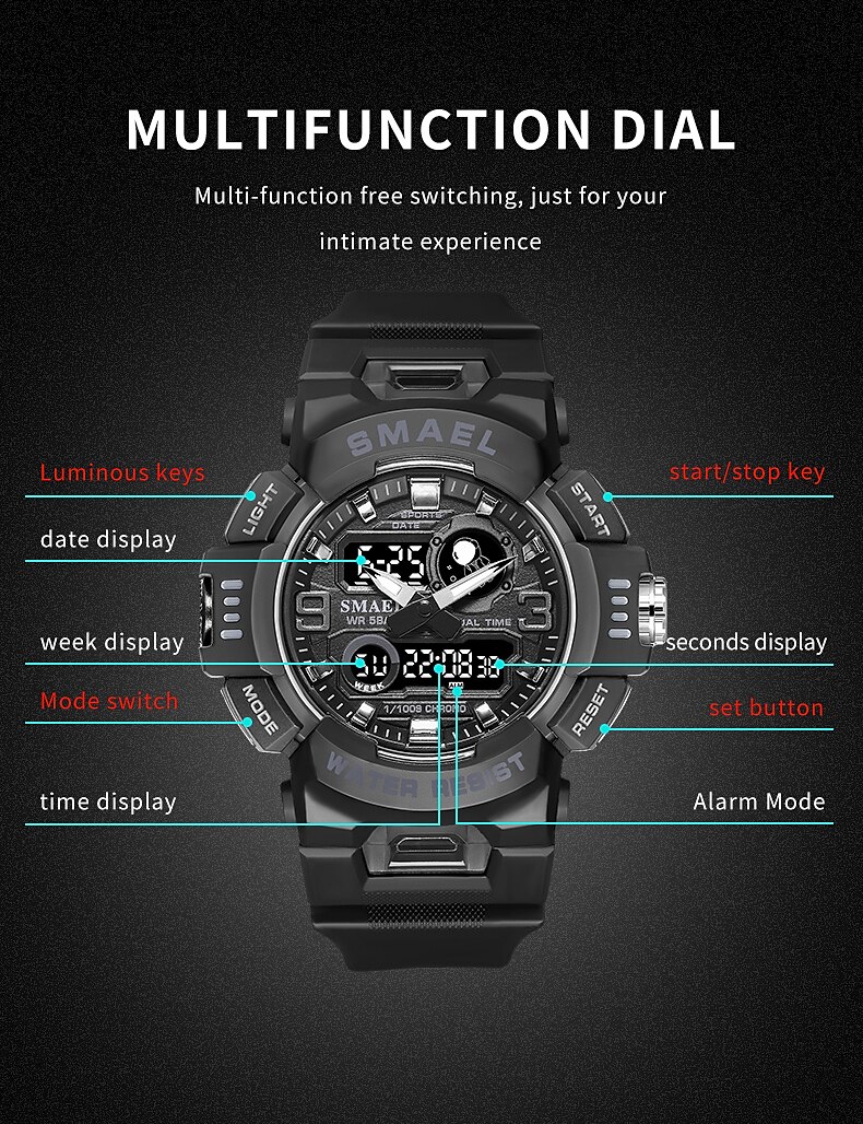 SMAEL Men Digital Watch Sports Tactical Fashion Wristwatch Luminous Stopwatch Alarm Clock Calendar Silicone Strap Watch Kids Back to School Gift 2023 - US $12.59 &ndash;P4