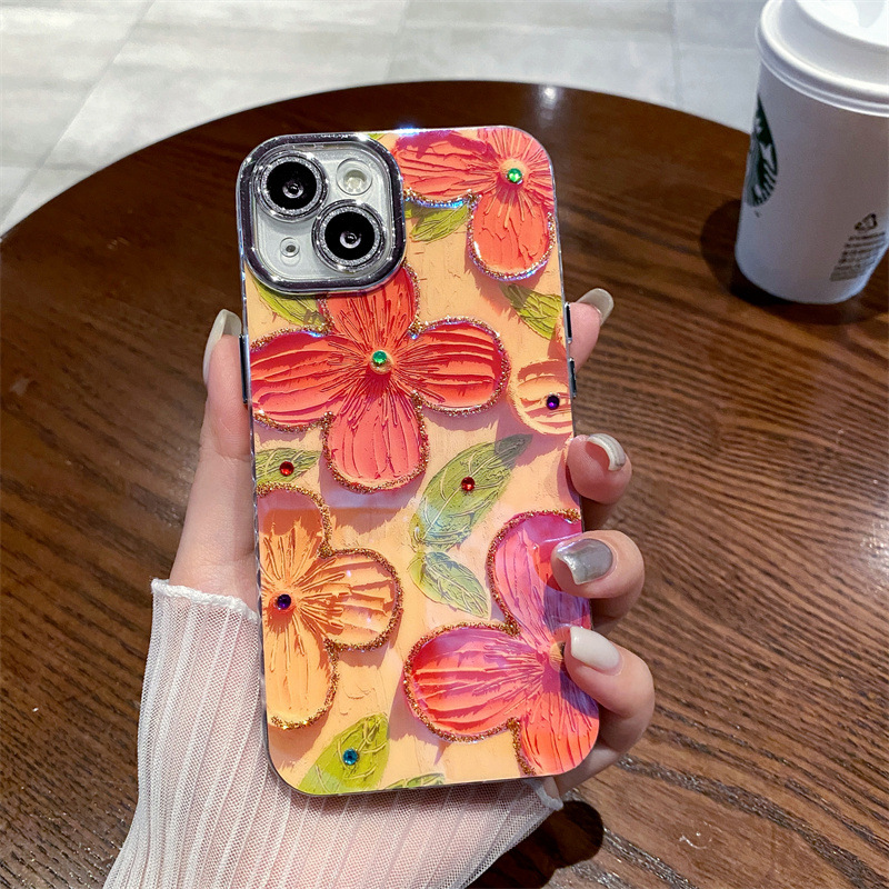 🌬🥰Λαδιογραφία με κρυστάλλινα λουλούδια✨Κατάλληλη για θήκη iPhone📱💍Περιλαμβανόμενος φακός κατά της πτώσης👉