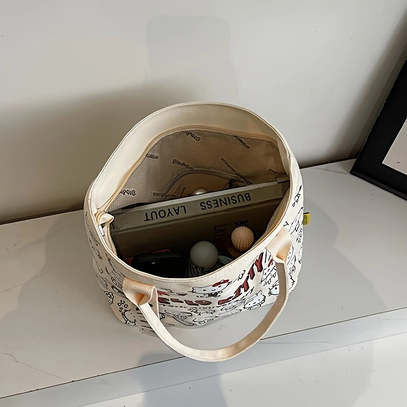 帆布手提包-大容量肩包，带可爱的猫咪设计，拉链闭合，固定肩带，粉色和黑色选项-适合购物、通勤和日常使用 详情 8