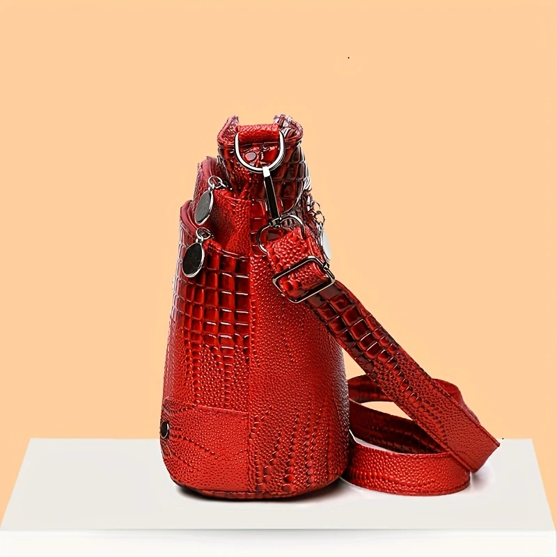 女士时尚复古鳄鱼纹斜挎包，多口袋单肩包，日常通勤马鞍包，旅行购物手拎包， 详情 8