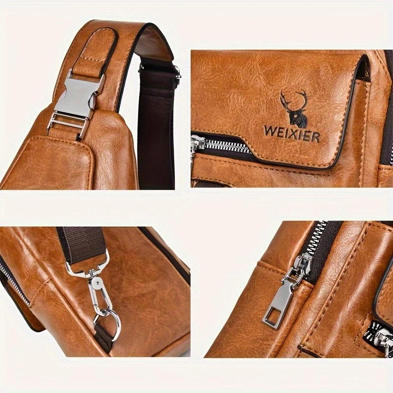 1 件男士新款 pu 皮革复古休闲简约胸包，斜挎大容量多隔层高级男款斜挎包，适合外出携带。 详情 6