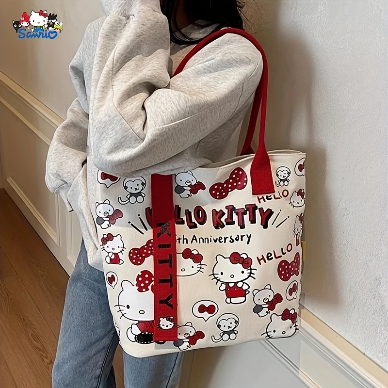 Hello Kitty ✨✨Τσάντα Tote από καμβά - Μεγάλη γυναικεία τσάντα αγορών με μακριές λαβές, κομψή τσάντα ώμου, ευρύχωρη καθημερινή τσάντα Tote, χαριτωμένη τσάντα παντοπωλείου, λευκή με ροζ τελείωμα, κλείσιμο με φερμουάρ, επένδυση από πολυεστέρα, σχέδιο με θέμα
