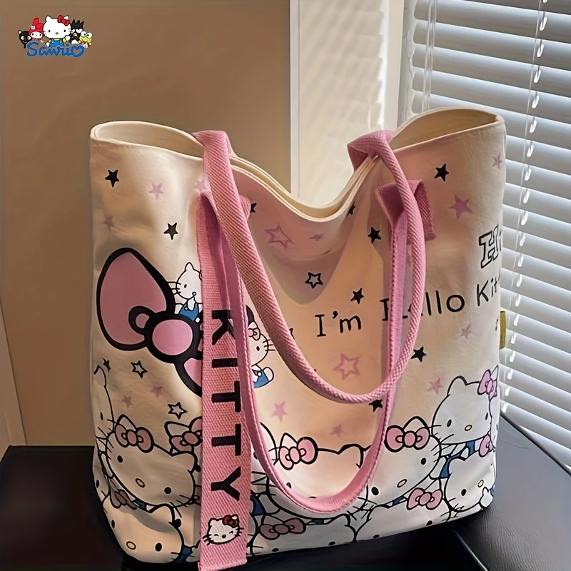 Hello Kitty ✨✨Τσάντα Tote από καμβά - Μεγάλη γυναικεία τσάντα αγορών με μακριές λαβές, κομψή τσάντα ώμου, ευρύχωρη καθημερινή τσάντα Tote, χαριτωμένη τσάντα παντοπωλείου, λευκή με ροζ τελείωμα, κλείσιμο με φερμουάρ, επένδυση από πολυεστέρα, σχέδιο με θέμα
