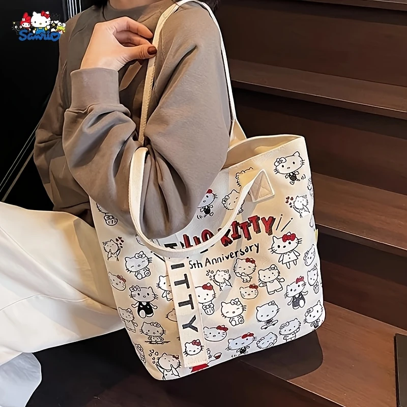  帆布手提袋 - 大型女士购物袋，带长手柄，时尚学生单肩包，宽敞的日常携带包，可爱的杂货袋，白色带粉色装饰，拉链闭合，内衬聚酯，动漫主题设计 详情 2