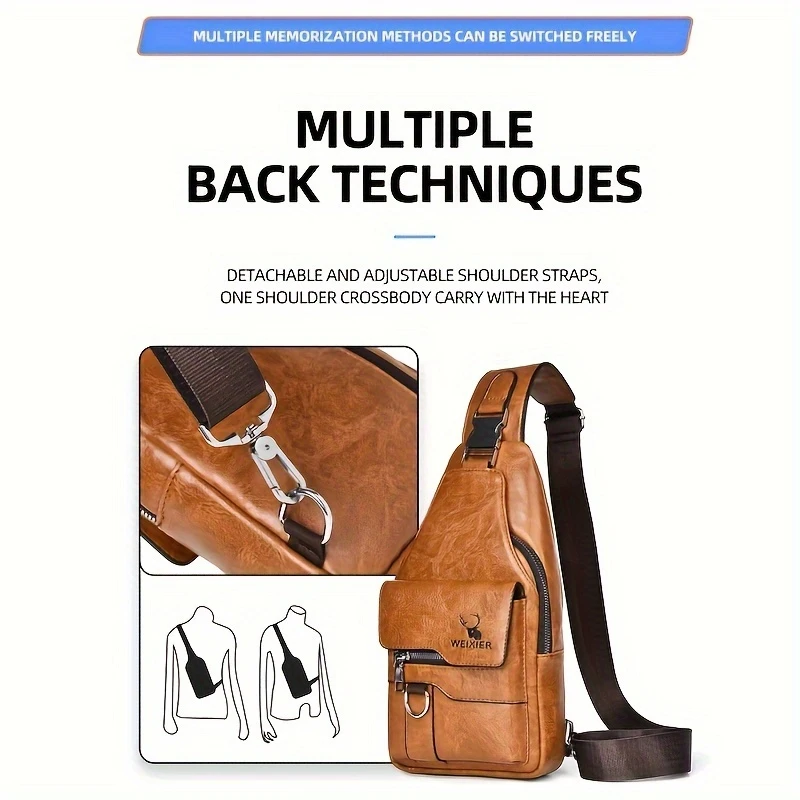 1 件男士新款 pu 皮革复古休闲简约胸包，斜挎大容量多隔层高级男款斜挎包，适合外出携带。 详情 1