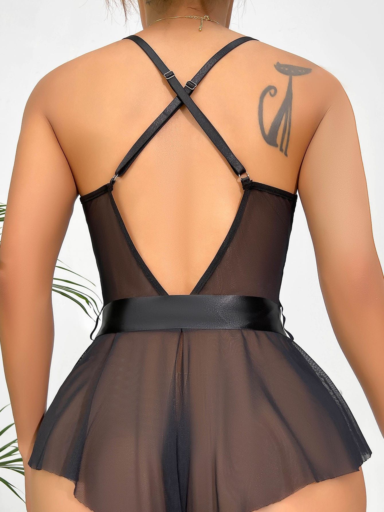 Lace Deep V Neck Spaghetti Νυχτικό Σέξι See Through Babydoll Petticoat με εσώρουχα