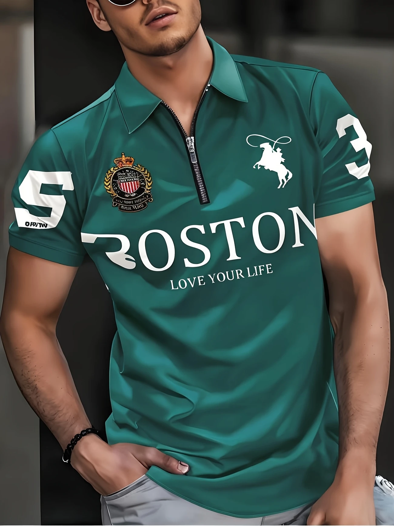 Ανδρικό πουκάμισο με φερμουάρ BOSTON με τρισδιάστατη εκτύπωση και γραφικά σχέδια - Casual καλοκαιρινό κοντομάνικο