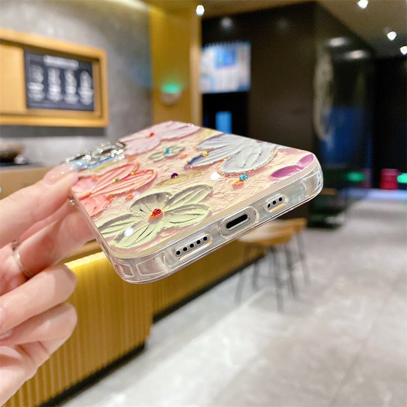 🌬🥰Λαδιογραφία με κρυστάλλινα λουλούδια✨Κατάλληλη για θήκη iPhone📱💍Περιλαμβανόμενος φακός κατά της πτώσης👉