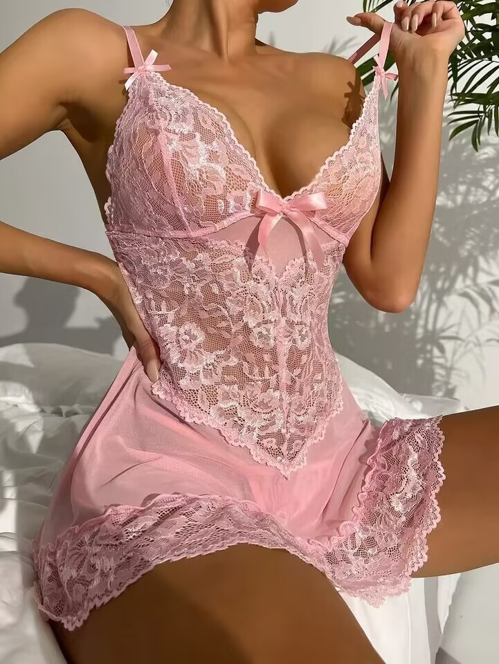 Δαντέλα Βαθύ VΣπαγγέτι λαιμού Νυχτικό Sexy See Through Babydoll Petticoat με εσώρουχα