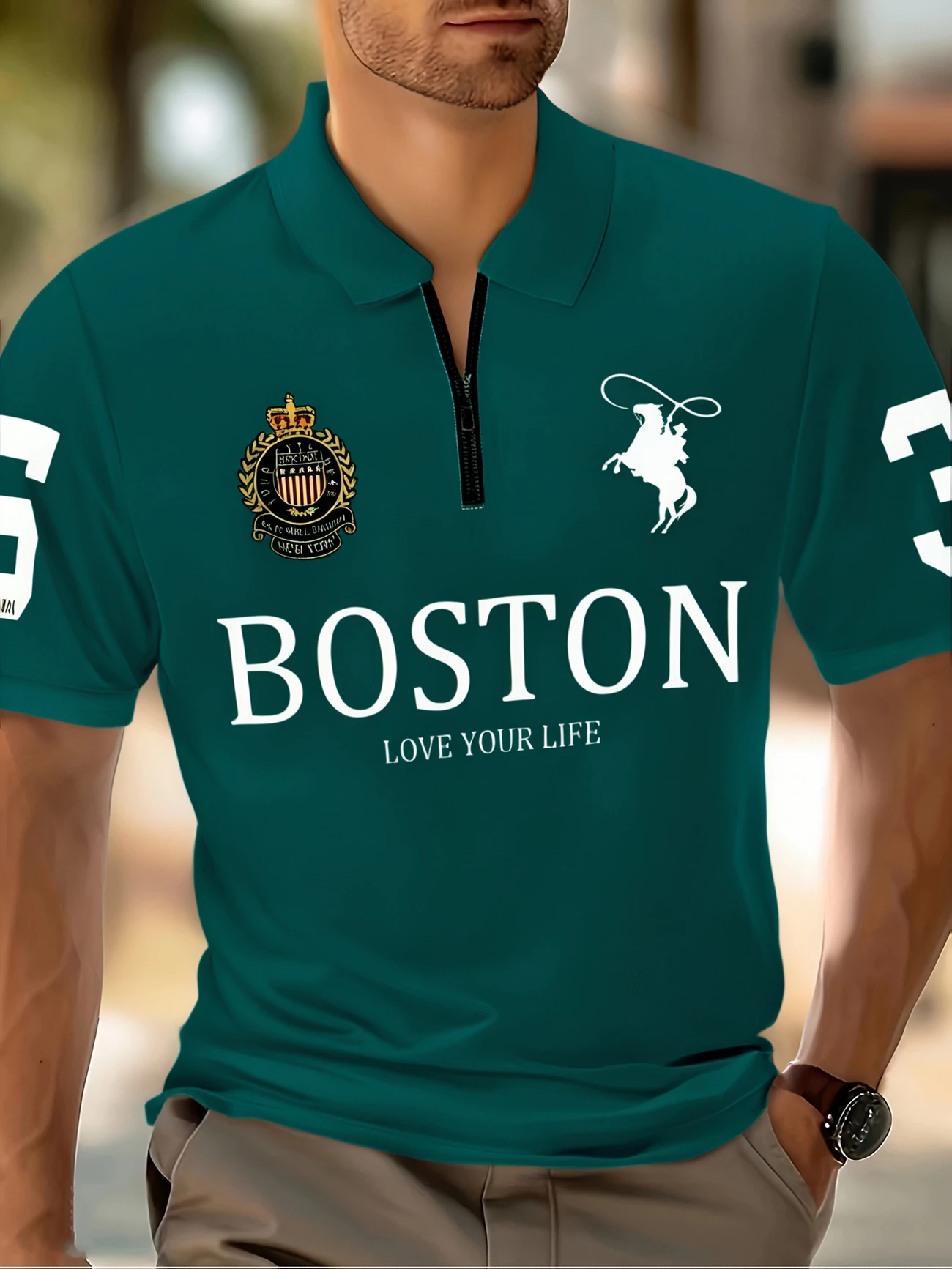Ανδρικό πουκάμισο με φερμουάρ BOSTON με τρισδιάστατη εκτύπωση και γραφικά σχέδια - Casual καλοκαιρινό κοντομάνικο