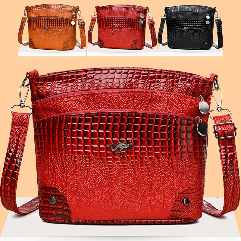 女士时尚复古鳄鱼纹斜挎包，多口袋单肩包，日常通勤马鞍包，旅行购物手拎包， 1