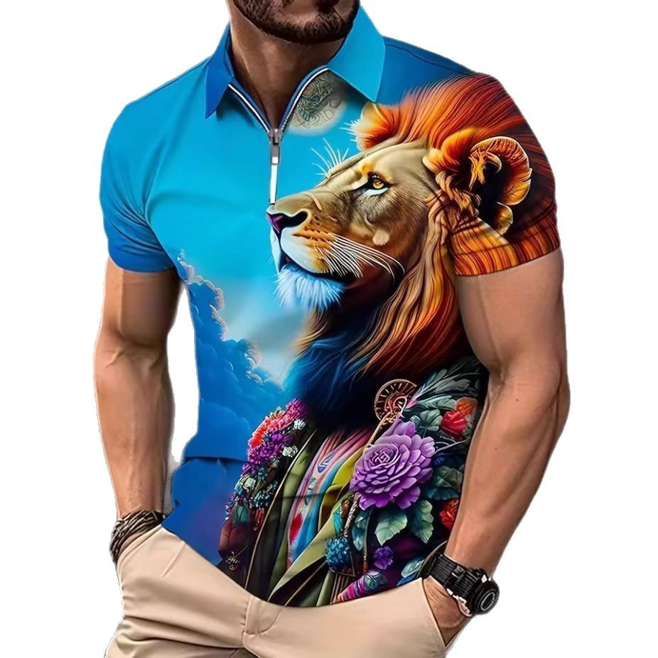 Suvine trend värviline lõvi 3D printimine meeste revääriga tõmblukk lühikeste varrukatega POLO särk