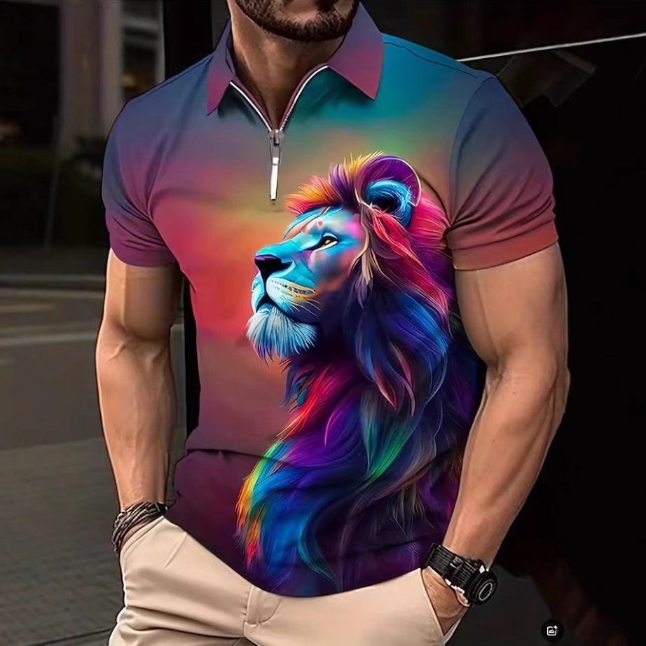 Suvine trend värviline lõvi 3D printimine meeste revääriga tõmblukk lühikeste varrukatega POLO särk