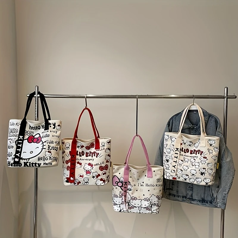 帆布手提包-大容量肩包，带可爱的猫咪设计，拉链闭合，固定肩带，粉色和黑色选项-适合购物、通勤和日常使用 详情 1