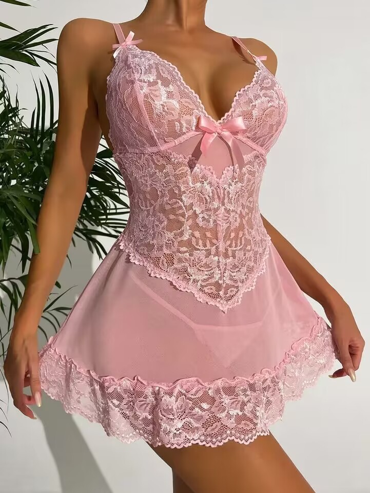 Δαντέλα Βαθύ VΣπαγγέτι λαιμού Νυχτικό Sexy See Through Babydoll Petticoat με εσώρουχα