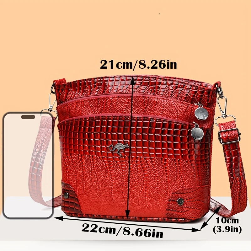 女士时尚复古鳄鱼纹斜挎包，多口袋单肩包，日常通勤马鞍包，旅行购物手拎包， 8