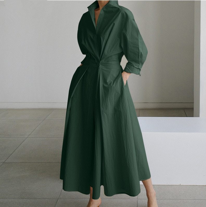S-5XL Korean Fashion Long Sleeve Shirt Dress Chic Turndown Neck Ruched Maxi Dress Women 2022 Autumn Winter Clothes Streetwear