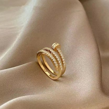 1pcs Gold Ring Ladies Fashion Style Multi Layer Copper With Zirconia Cold Wind Hand Jewelry
