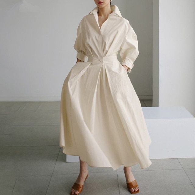 S-5XL Korean Fashion Long Sleeve Shirt Dress Chic Turndown Neck Ruched Maxi Dress Women 2022 Autumn Winter Clothes Streetwear
