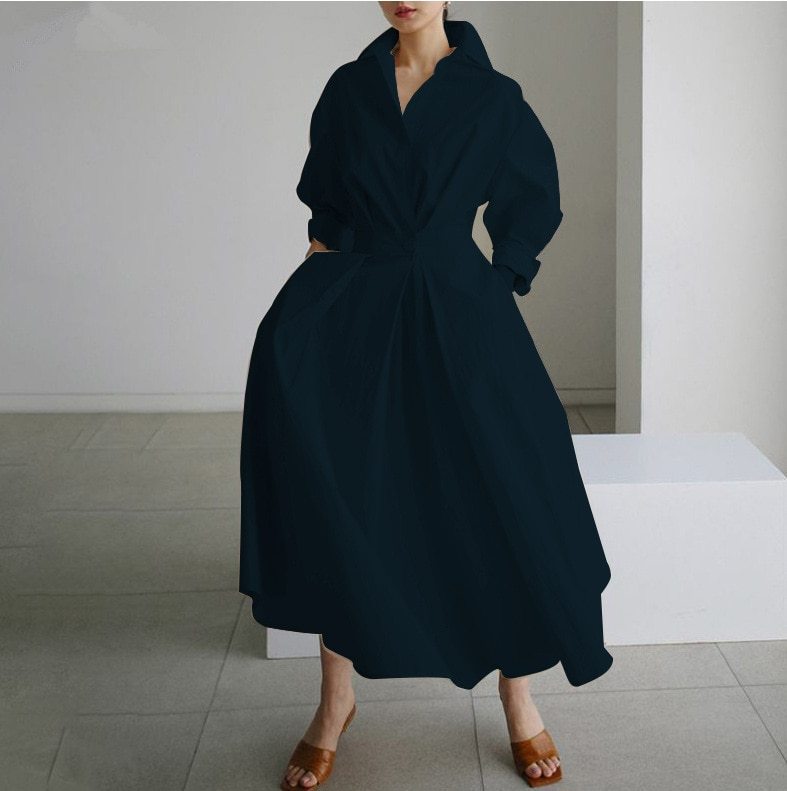 S-5XL Korean Fashion Long Sleeve Shirt Dress Chic Turndown Neck Ruched Maxi Dress Women 2022 Autumn Winter Clothes Streetwear