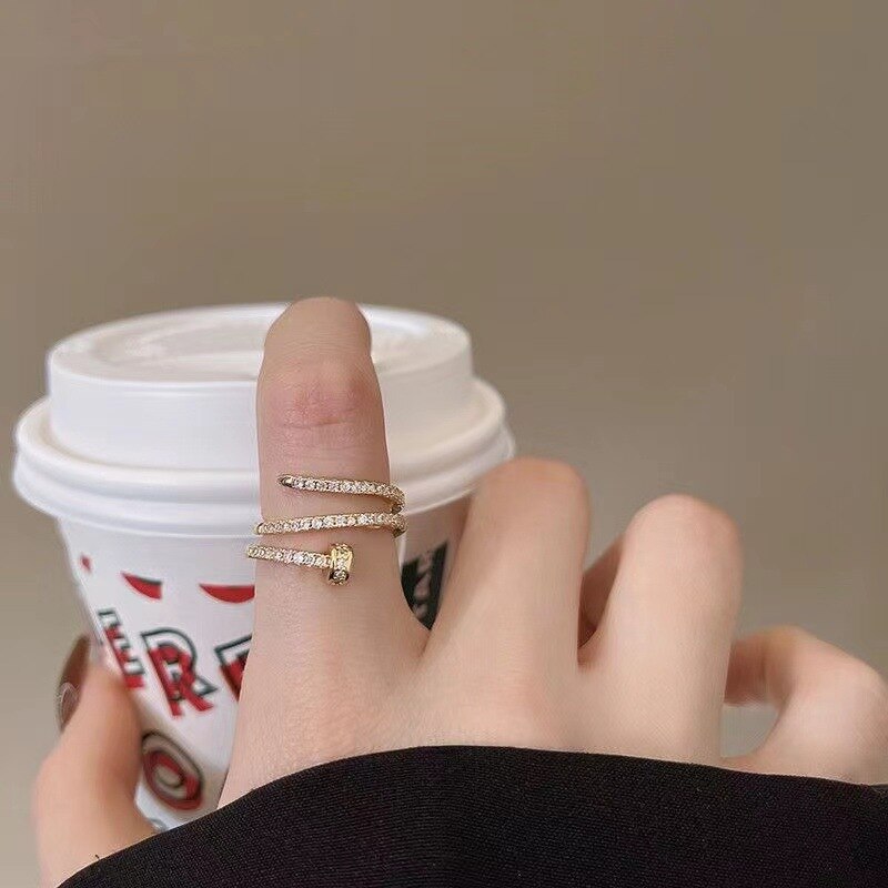 1pcs Gold Ring Ladies Fashion Style Multi Layer Copper With Zirconia Cold Wind Hand Jewelry