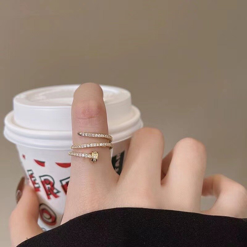 1pcs Gold Ring Ladies Fashion Style Multi Layer Copper With Zirconia Cold Wind Hand Jewelry