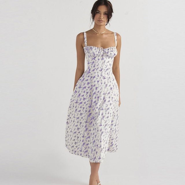 Floral Printed Women Dress 2023 Summer Elegant Solid Slim Sleeveless Slip Female Side Split Waist Lady A-line Robe